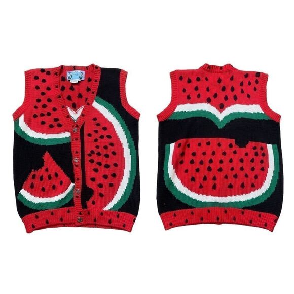Vintage RARE Just Better Sweaters by Lisa Coufal Hand Knit Watermelon Vest Large - Picture 1 of 16